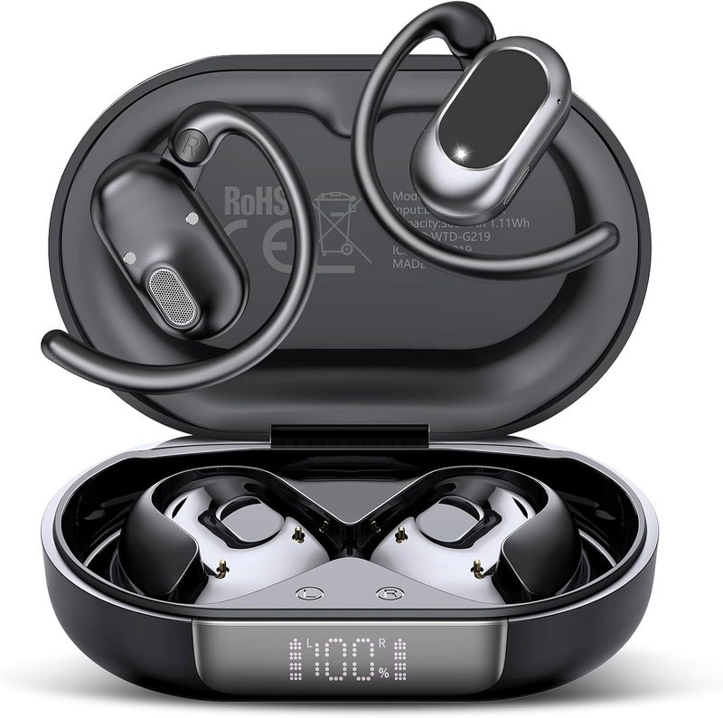 STECEi Open Ear Headphones, Bluetooth 5.4 Earphones 36H Playtime Air Conduction Headphones with Mic, Adjustable Earhook Earbuds with ENC Clear Calls/LED Display, IPX7 Waterproof Open Ear Earbuds Black - Image 1